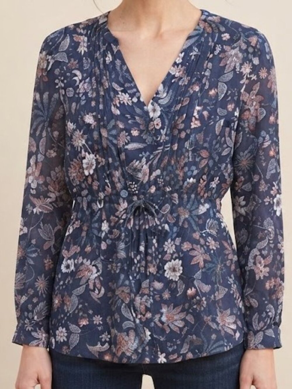 Hilary Radley Navy Floral V-Neck Peasant Blouse